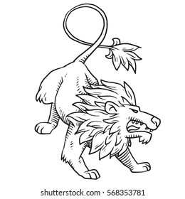 Vector image of heraldic lion with a big mane standing and roaring at someone on a white background. Coat of arms, heraldry, emblem, symbol. Made in monochrome style. Vector illustration.