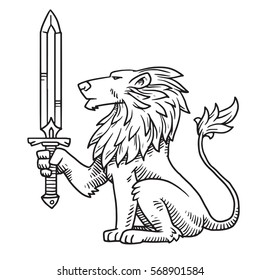 Vector image of heraldic lion with a big mane sitting turned to the left with a sword in his paw on a white background. Coat of arms, heraldry, emblem, symbol. Made in monochrome style. 