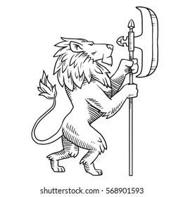 Vector image of heraldic lion with a big mane standing turned to the right with a halberd in his paws on a white background. Coat of arms, heraldry, emblem, symbol. Made in monochrome style. 