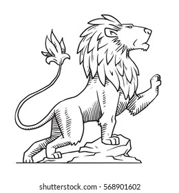 Vector image of heraldic lion with a big mane standing on a large stone on a white background. Coat of arms, heraldry, emblem, symbol. Made in monochrome style. Vector illustration.