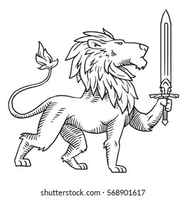Vector image of heraldic lion with a big mane standing turned to the right with a sword in his paw on a white background. Coat of arms, heraldry, emblem, symbol. Made in monochrome style. 