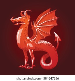 Vector image of a heraldic red dragon with big wings standing and looking to the left on a dark red background. Coat of arms, heraldry, emblem, symbol. Color image. Vector illustration.