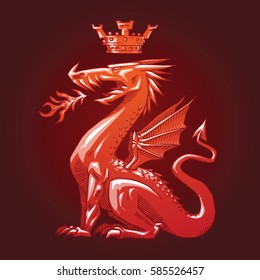 Vector image of a heraldic red dragon with wings sitting with a crown over his head on a dark red background. Coat of arms, heraldry, emblem, symbol. Color image. Vector illustration.