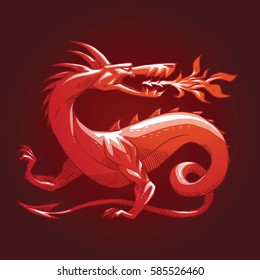 Vector image of a heraldic red dragon with body like snake standing and looking behind his back on a dark red background. Coat of arms, heraldry, emblem, symbol. Color image. Vector illustration.