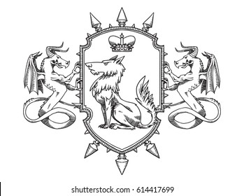 Vector image of a heraldic shield with a crown, with a wolf in the center and with dragons on the edges on a white background. Coat of arms, heraldry, emblem, symbol. Line art. 