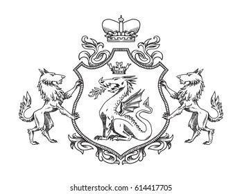 Vector image of a heraldic shield with a crown, with a dragon in the center and with wolves on the edges on a white background. Coat of arms, heraldry, emblem, symbol. Line art. 
