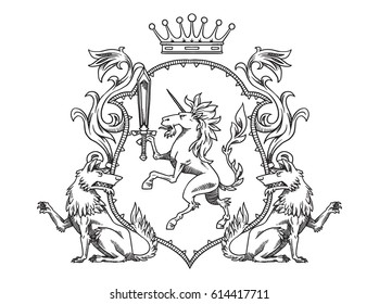 Vector image of a heraldic shield with a crown, with unicorn in the center and with wolves on the edges on a white background. Coat of arms, heraldry, emblem, symbol. Line art. 