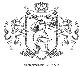 Vector image of a heraldic shield with a crown, with a bear in the center and with unicorns on the edges on a white background. Coat of arms, heraldry, emblem, symbol. Line art. 