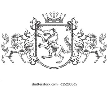 Vector image of a heraldic shield with a crown, with a wolf in the center and with unicorns on the edges on a white background. Coat of arms, heraldry, emblem, symbol. Line art. 