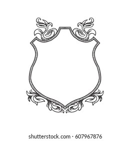 Vector image of a heraldic shield with curls on top and bottom on a white background. Coat of arms, heraldry, emblem, symbol. Made in monochrome style. Line art. Vector illustration.