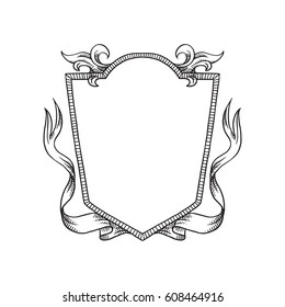 Vector image of a heraldic shield with curls and ribbons on a white background. Coat of arms, heraldry, emblem, symbol. Made in monochrome style. Line art. Vector illustration.