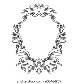 Vector image of a heraldic shield with curls, ribbons and leaves on a white background. Coat of arms, heraldry, emblem, symbol. Made in monochrome style. Line art. Vector illustration.