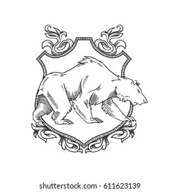 Vector image of a heraldic shield with curls on top and bottom and with a heraldic bear walking to the right in the center on a white background. Coat of arms, heraldry, emblem, symbol. Line art. 