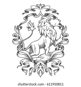 Vector image of a heraldic shield with curls, ribbons and leaves and with a heraldic lion looking to the right in the center on a white background. Coat of arms, heraldry, emblem, symbol. Line art.