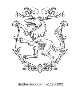 Vector image of a heraldic shield with leaves and with a heraldic wolf standing on his hind legs and turn left in the center on a white background. Coat of arms, heraldry, emblem, symbol. Line art.