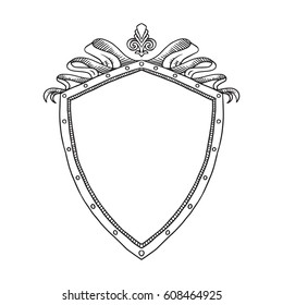 Vector image of a heraldic shield with ribbons on a white background. Coat of arms, heraldry, emblem, symbol. Made in monochrome style. Line art. Vector illustration.