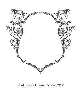 Vector image of a heraldic shield with spikes and curls at the edges on a white background. Coat of arms, heraldry, emblem, symbol. Made in monochrome style. Line art. Vector illustration.
