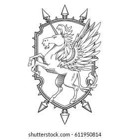 Vector image of a heraldic shield  with spikes and with a heraldic unicorn with wings looking to the left in the center on a white background. Coat of arms, heraldry, emblem, symbol. Line art. 