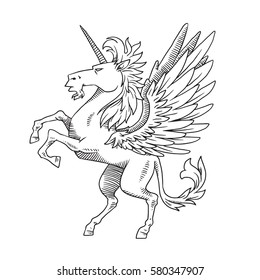Vector image of heraldic unicorn with big wings standing on his hind hooves and turn left on a white background. Coat of arms, heraldry, emblem, symbol. Made in monochrome style. Vector illustration.