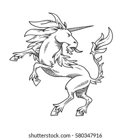 Vector image of heraldic unicorn standing on hind hooves and looking behind his back on a white background. Coat of arms, heraldry, emblem, symbol. Made in monochrome style. Vector illustration.