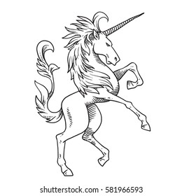 Vector image of heraldic unicorn standing on his hind hooves and turn right on a white background. Coat of arms, heraldry, emblem, symbol. Made in monochrome style. Vector illustration.