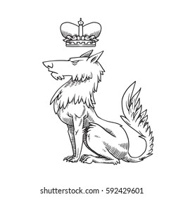 Vector image of a heraldic wolf sitting turned left with a crown over his head on a white background. Coat of arms, heraldry, emblem, symbol. Made in monochrome style. Vector illustration.