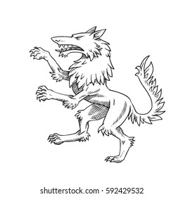 Vector image of a heraldic wolf standing on his hind legs and turn left on a white background. Coat of arms, heraldry, emblem, symbol. Made in monochrome style. Vector illustration.