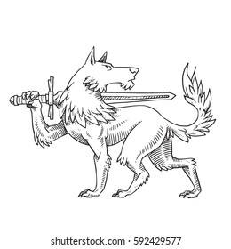 Vector image of a heraldic wolf standing with a sword on his shoulder on a white background. Coat of arms, heraldry, emblem, symbol. Made in monochrome style. Vector illustration.