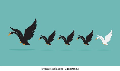 Vector image of a herd of swan on blue background, Difference concept