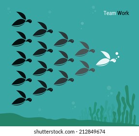 Vector image of a herd of turtles swimming in the sea. Teamwork concept