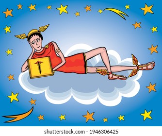 Vector image of Hermes with laptop lying on cloud in blue starry sky