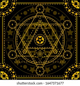 Imagen vectorial de hexágono, toro de cabeza y estrellas con línea amarilla, fondo negro, fondo de transparencia.