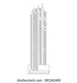 Vector image of high-rise building. Skyscraper of the business section of a major city. The colorless image with a black stroke. Isolated on white background.