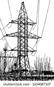 Vector image of a high-voltage support. Power lines, wires, buildings, branches. High voltage. Overlay template.