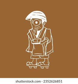 Vector image of a himamushi nyūdō yōkai. Monk with one eye. White on beige. Drawing, calligraphy, doodle. Legends, fairy tales, Japanese folklore, Halloween. Eps10