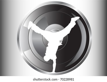 Vector image of hip hop dancer. Silhouette on background of musical instruments