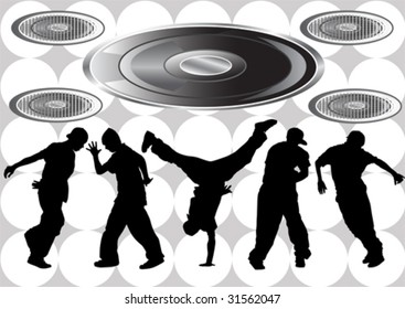 Vector image of hip hop dancers. Silhouettes on the background of musical instruments