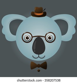 vector image of a hipster koala bear wearing glasses and hat on gray background