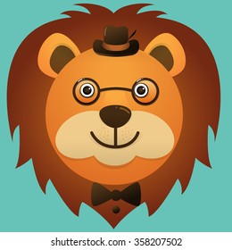 Vector image of a hipster lion face wearing glasses and hat on blue sky background
