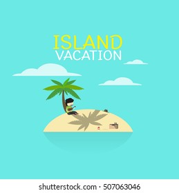 Vector image of a hipster with ukulele in his hand on the island with a palm tree.