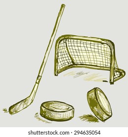 Vector image of hockey equipment. Hockey gates, stick, puck