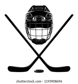 Vector image of a hockey helmet with sticks and puck.