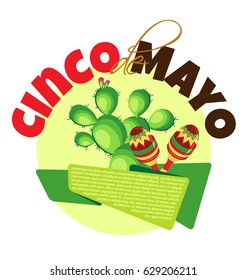 Vector image for a holiday of Cinco de Mayo. Cactus, banner and maracas on a pastel yellow circle