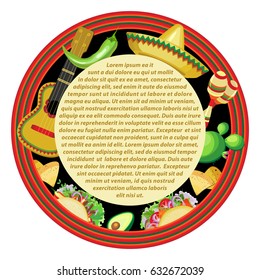 Vector image for a holiday of Cinco de Mayo. Round sticker with a striped frame and a central plate for text. Attributes Cinco de Mayo: guitar, sombrero, maracas, tacos on a black background.