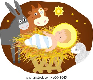 Vector image of holy child with donkey, lamb and calf.