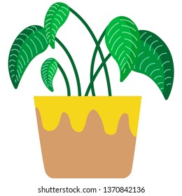 Vector image of a home flower in a pot, home garden, greenhouse, palm tree. Plant in a ceramic pot with a yellow smudges on white. Illustration for banner, greeting card, print on fabric. Flat style.