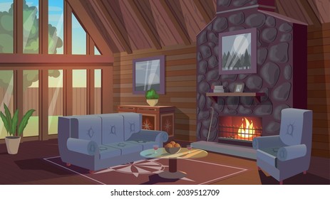 
Imagen vectorial del interior del hogar con mobiliario suave, chimenea cálida, mesa baja y grandes ventanas