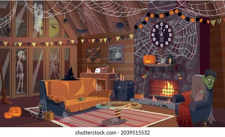 Imagen vectorial de una casa interior con muebles tapizados, una chimenea cálida, una mesa baja y grandes ventanales, la decoración interior está decorada para las vacaciones de Halloween con diferentes decoraciones