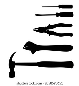 Imagen vectorial de utensilios domésticos, martillo, destornillador, alicates y llave.