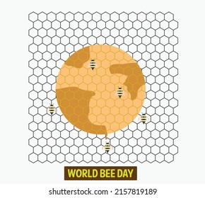 vector image of a honey bee entering a hive filled with honey, underneath there is an inscription celebrating world bee day